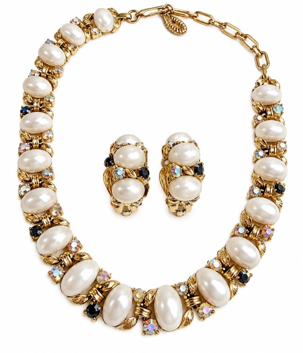 Lisner Vintage 1950s Faux Pearl Rhinestone Choker Necklace Earrings Set Damaged